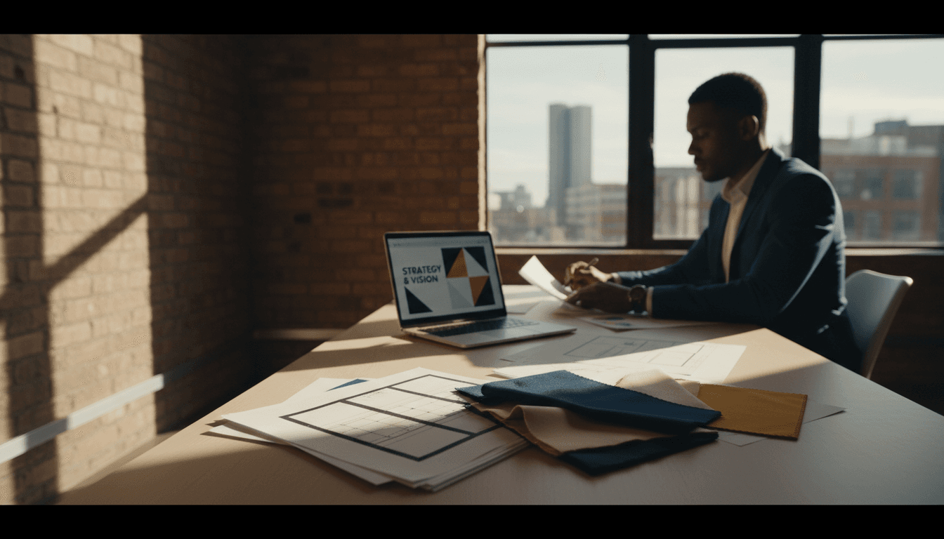 Professional reviewing brand strategy documents and design concepts at a modern Manchester workspace