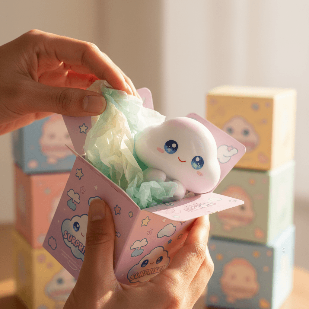 Hands opening sealed pastel blind box toy package, revealing colorful tissue paper and adorable stylized character figure inside