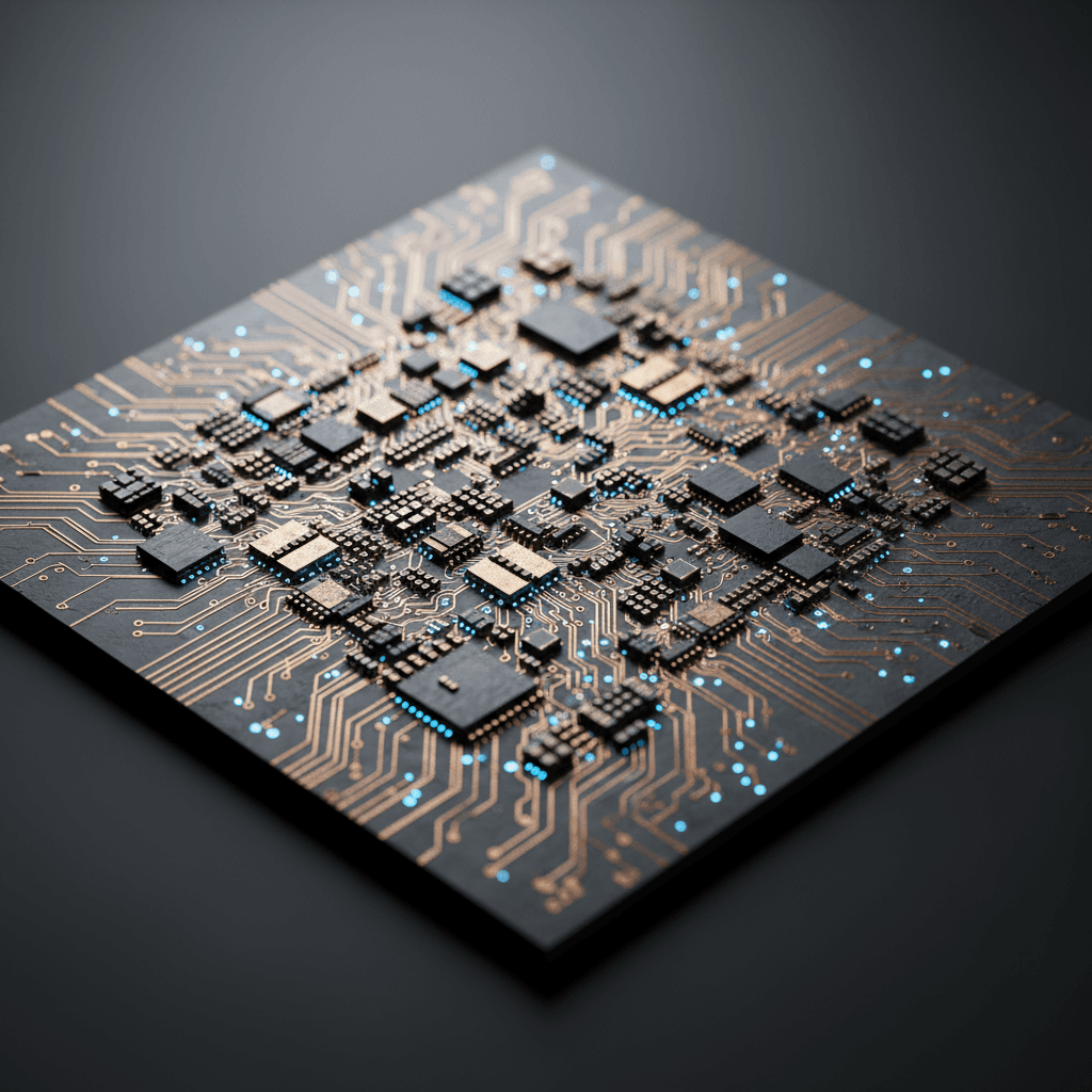 Extreme close-up of illuminated computer chip and circuit board showing intricate semiconductor pathways and patterns