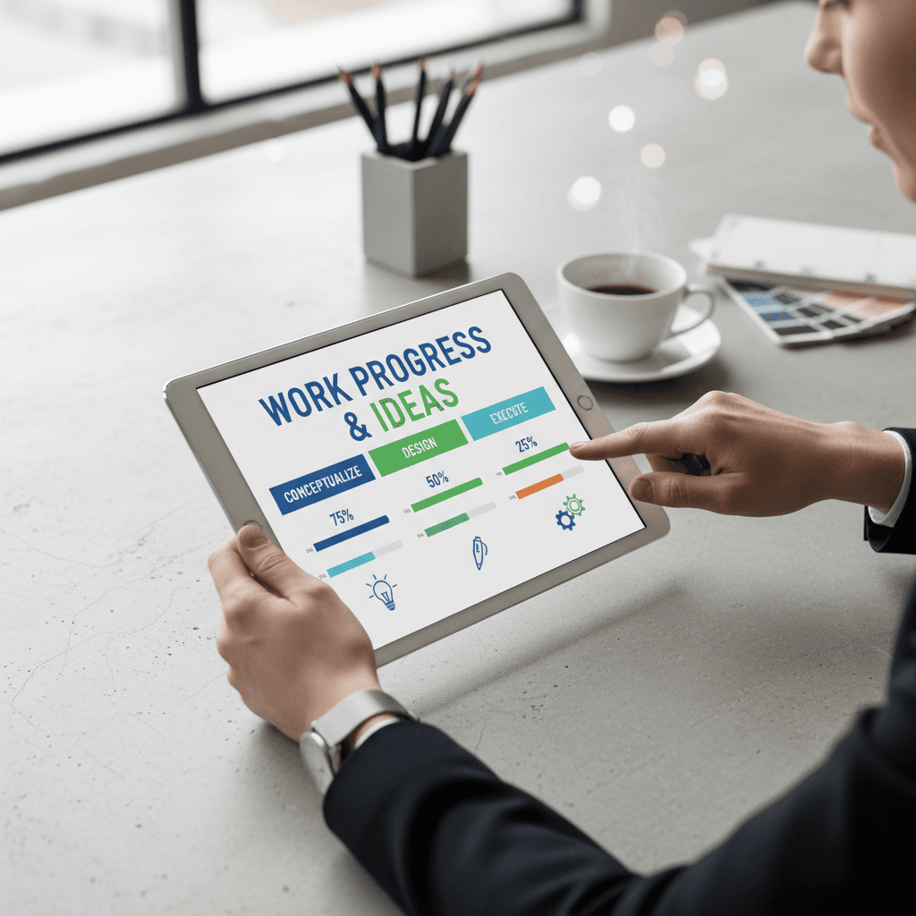 Professional hands examining tablet on minimalist desk with natural side lighting and shallow depth of field