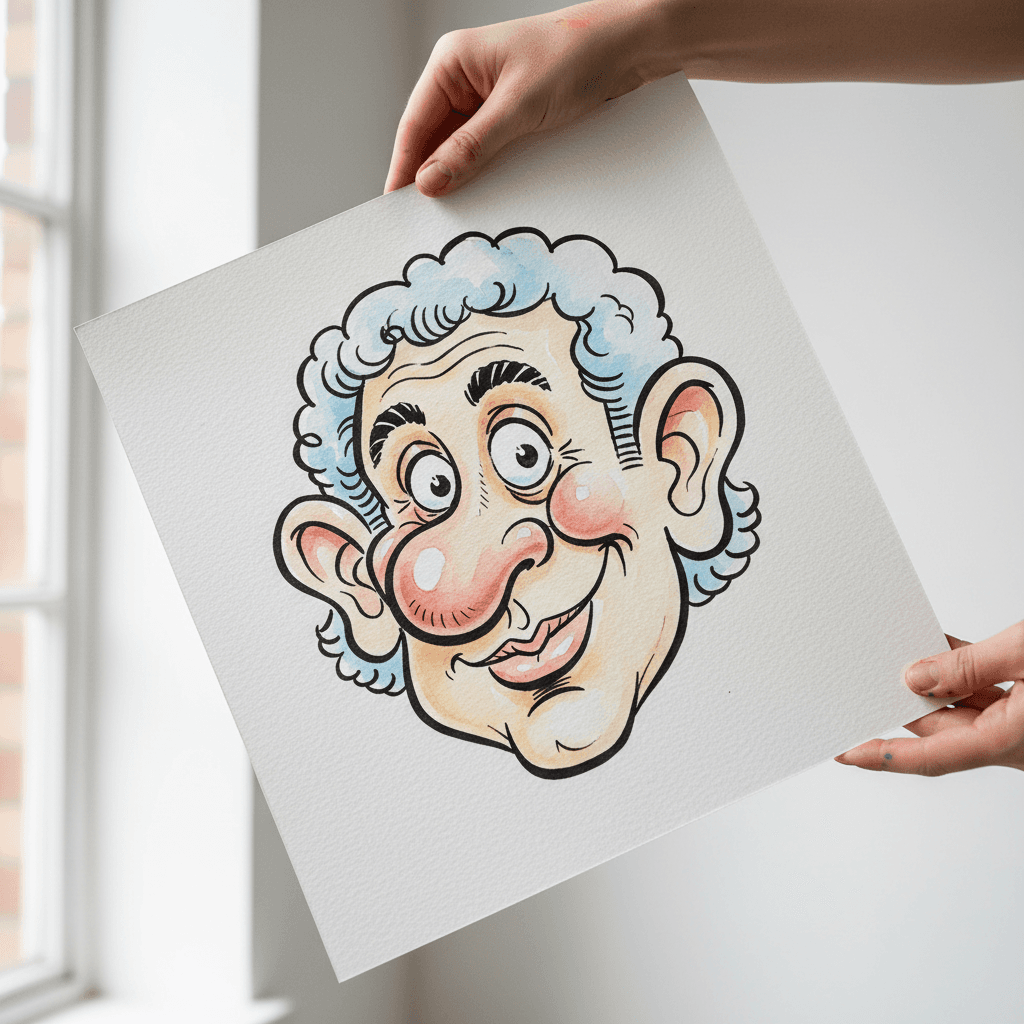 Artist's hands holding finished caricature portrait with exaggerated facial features and watercolor styling